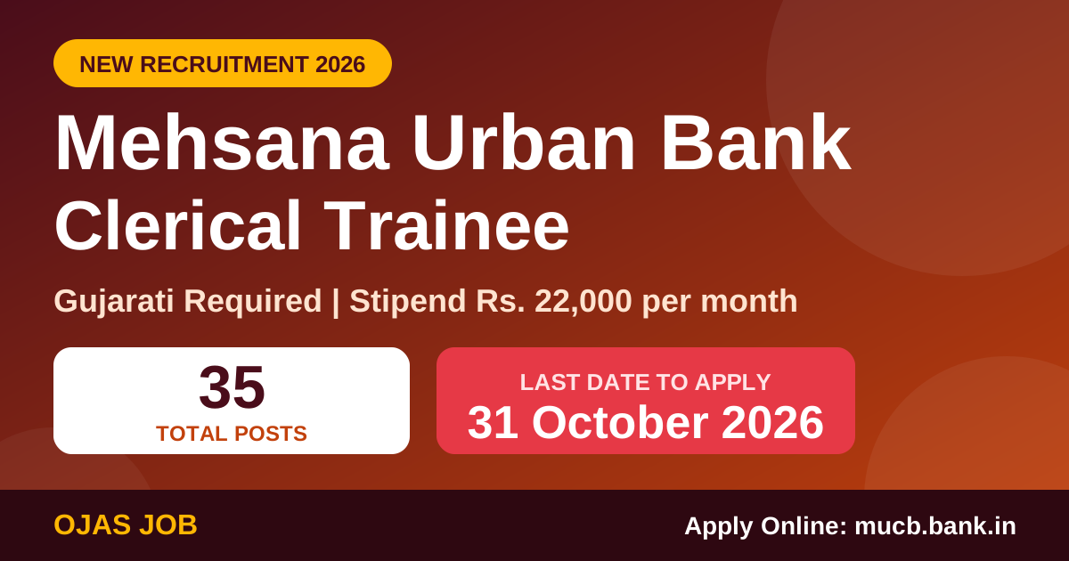 Mehsana Urban Bank Clerical Trainee Recruitment 2026